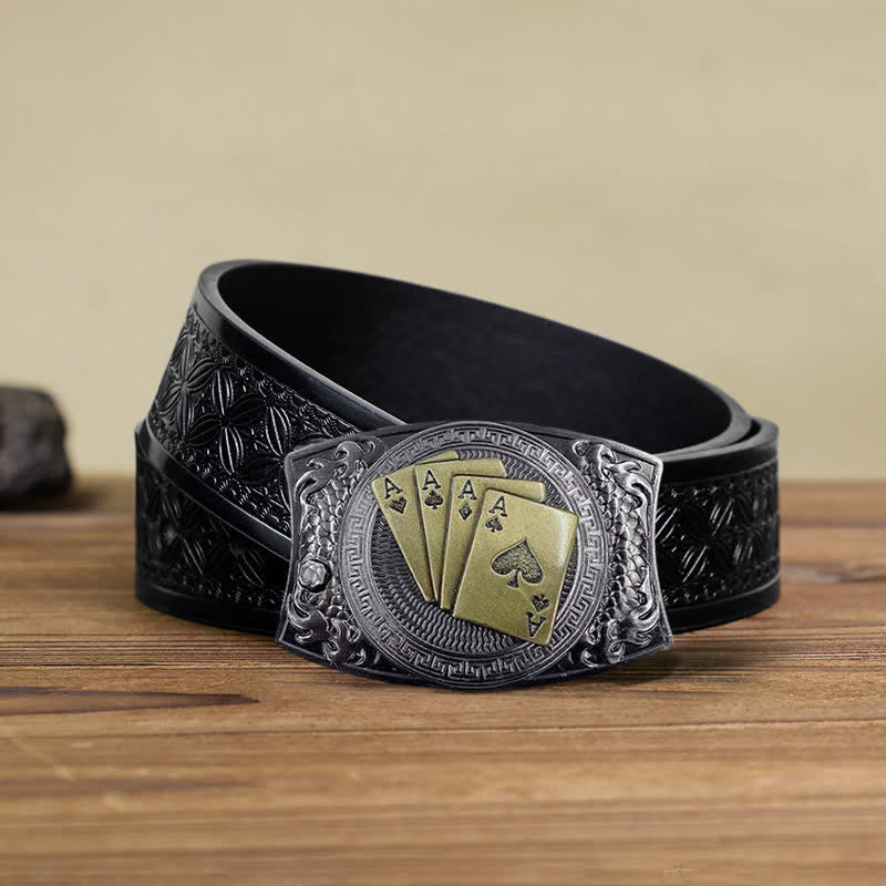 Cinturón de cuero con navaja plegable oculta para hombre, hecho a mano con póker dorado