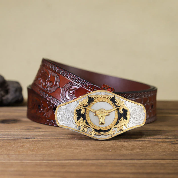Cinturón de cuero con hebilla de animal dorado estilo occidental para hombre, hecho a mano