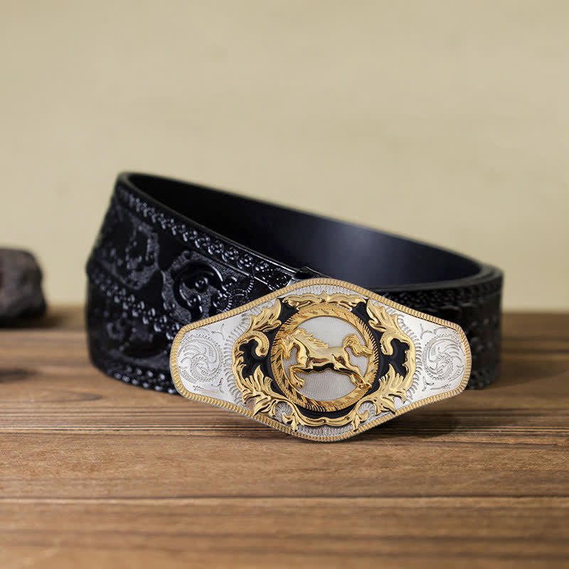 Cinturón de cuero con hebilla de animal dorado estilo occidental para hombre, hecho a mano