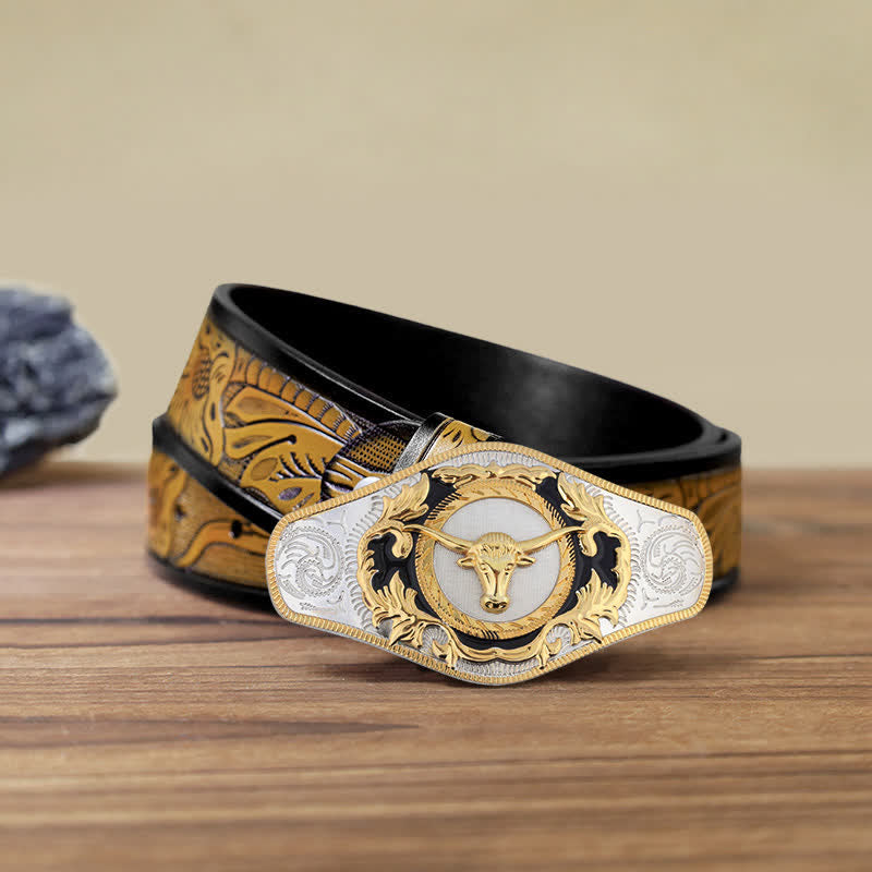 Cinturón de cuero con hebilla de animal dorado estilo occidental para hombre, hecho a mano