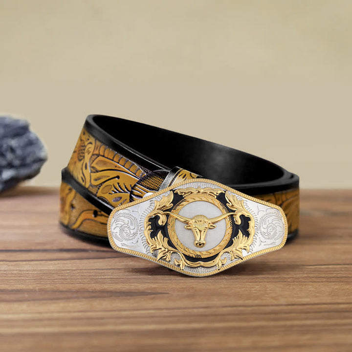Cinturón de cuero con hebilla de animal dorado estilo occidental para hombre, hecho a mano