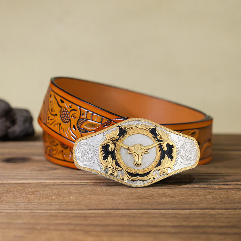 Cinturón de cuero con hebilla de animal dorado estilo occidental para hombre, hecho a mano