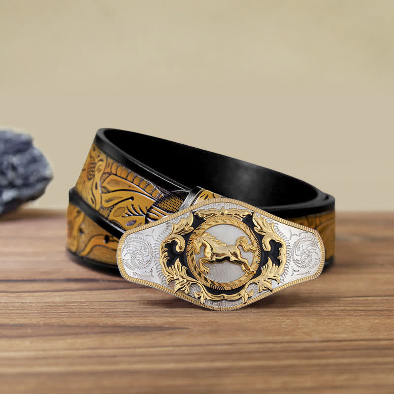 Cinturón de cuero con hebilla de animal dorado estilo occidental para hombre, hecho a mano