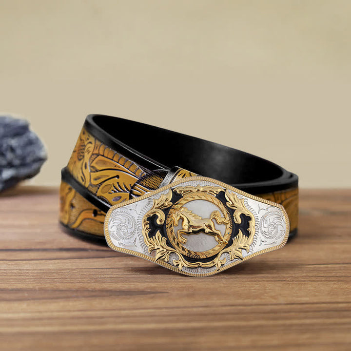 Cinturón de cuero con hebilla de animal dorado estilo occidental para hombre, hecho a mano