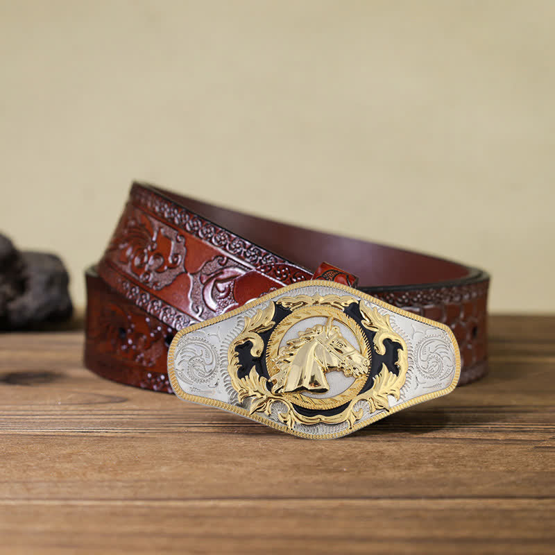 Cinturón de cuero con hebilla de animal dorado estilo occidental para hombre, hecho a mano