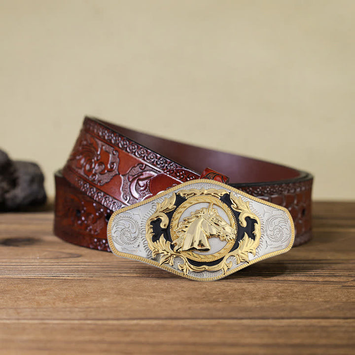 Cinturón de cuero con hebilla de animal dorado estilo occidental para hombre, hecho a mano
