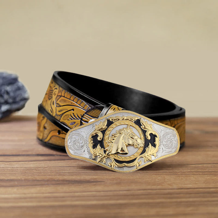 Cinturón de cuero con hebilla de animal dorado estilo occidental para hombre, hecho a mano - Cabeza de caballo - Cinturón marrón arenoso (40) - image 10