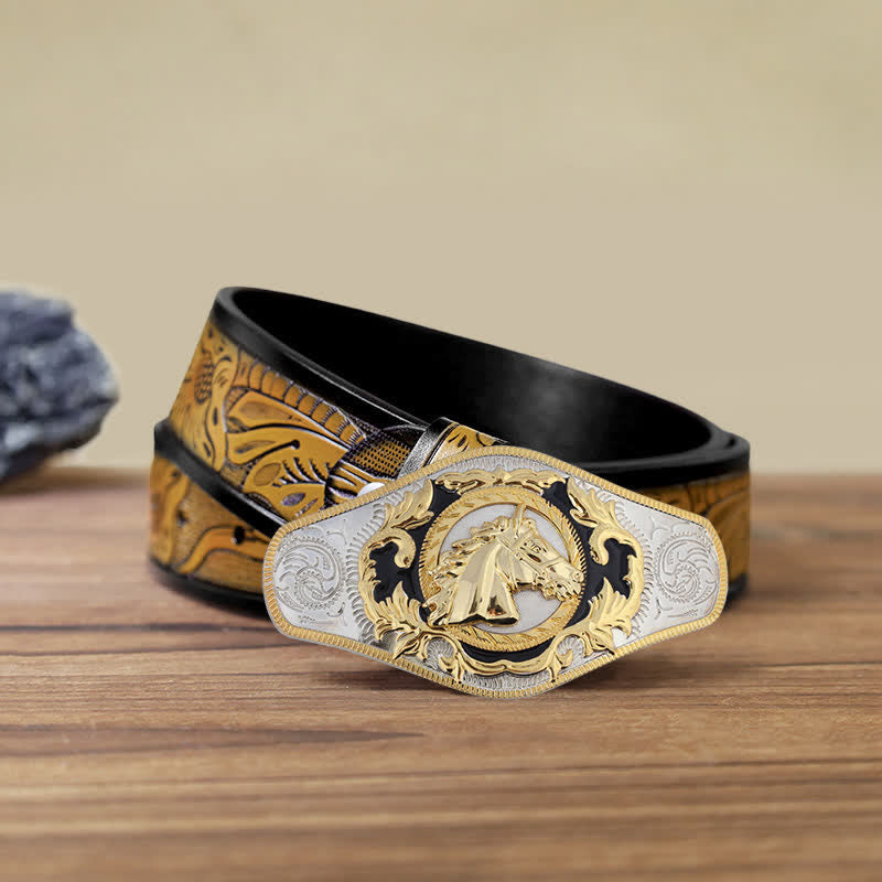Cinturón de cuero con hebilla de animal dorado estilo occidental para hombre, hecho a mano
