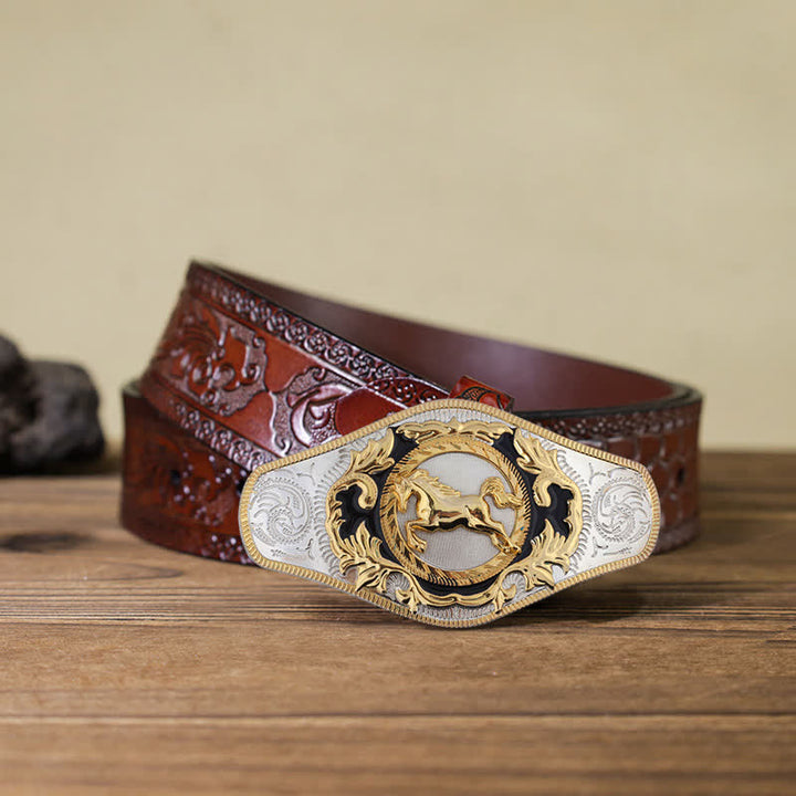 Cinturón de cuero con hebilla de animal dorado estilo occidental para hombre, hecho a mano