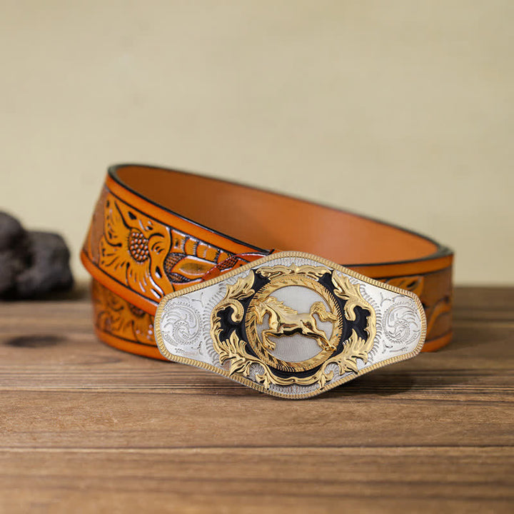 Cinturón de cuero con hebilla de animal dorado estilo occidental para hombre, hecho a mano