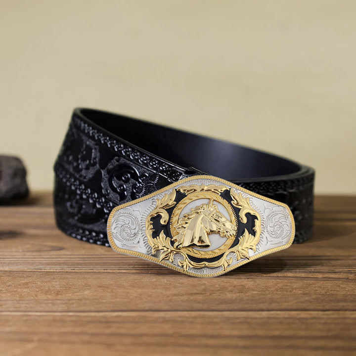Cinturón de cuero con hebilla de animal dorado estilo occidental para hombre, hecho a mano