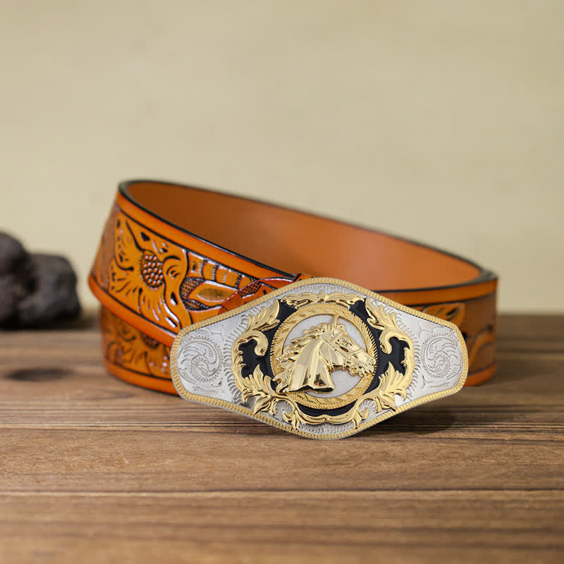Cinturón de cuero con hebilla de animal dorado estilo occidental para hombre, hecho a mano