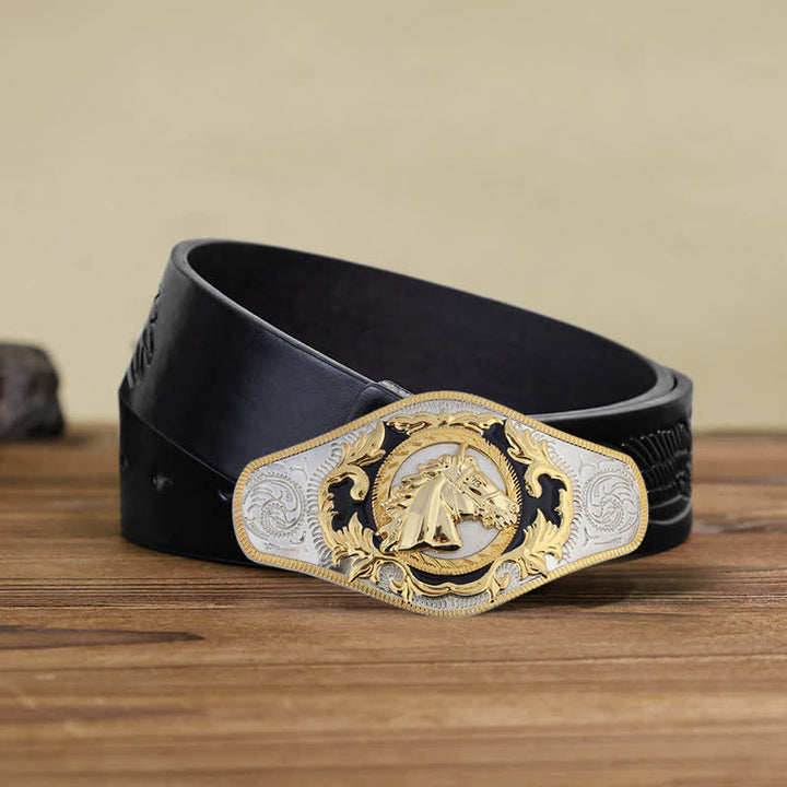 Cinturón de cuero con hebilla de animal dorado estilo occidental para hombre, hecho a mano