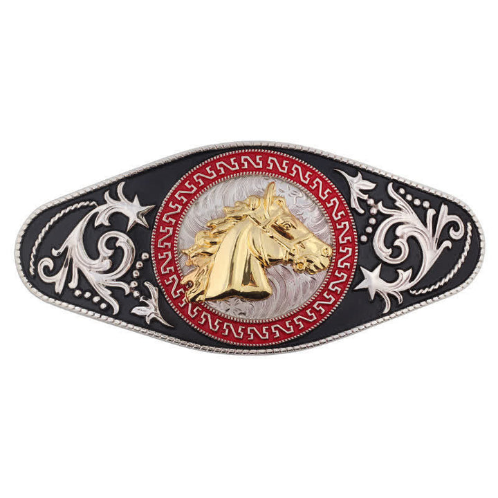 Cinturón de cuero con hebilla de animal en dorado y negro estilo western para hombre