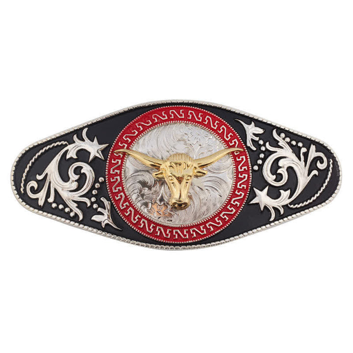 Cinturón de cuero con hebilla de animal en dorado y negro estilo western para hombre