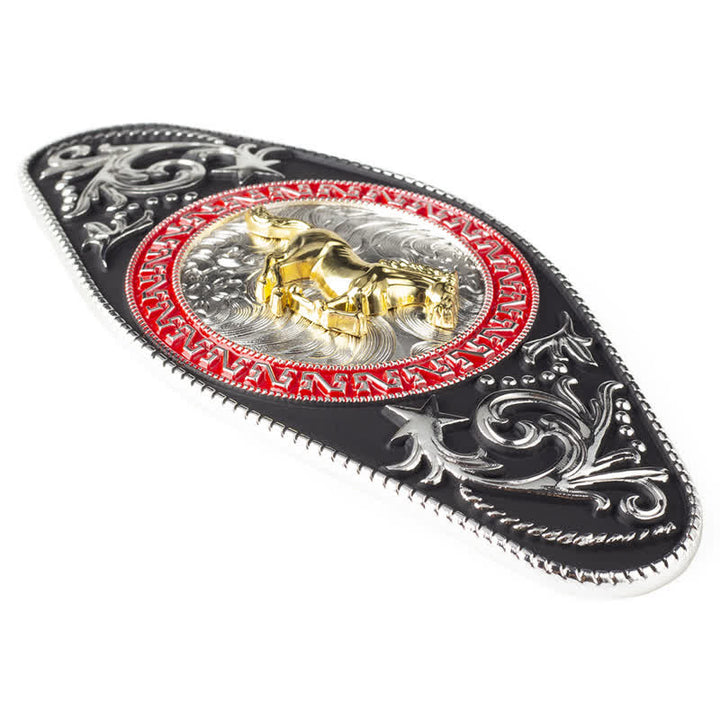 Cinturón de cuero con hebilla de animal en dorado y negro estilo western para hombre