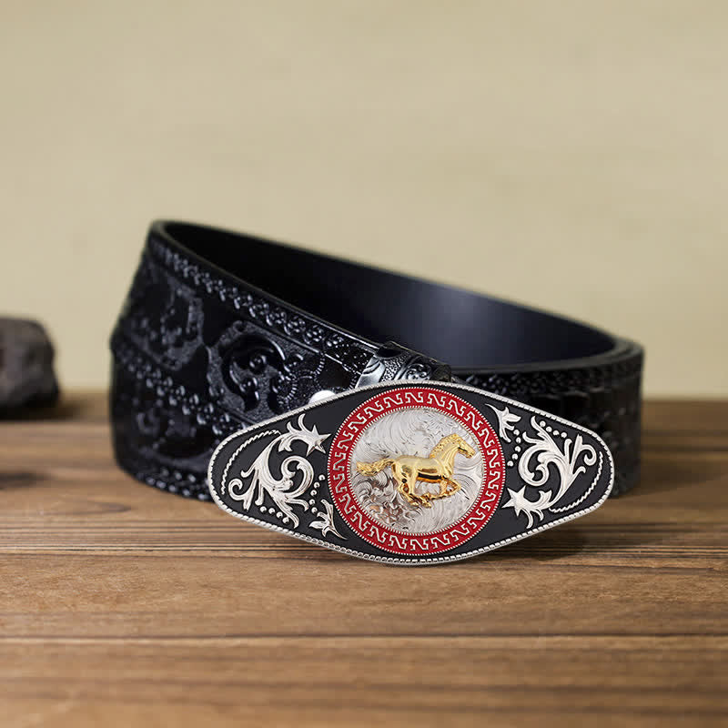 Cinturón de cuero con hebilla de animal en dorado y negro estilo western para hombre