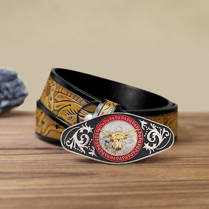Cinturón de cuero con hebilla de animal en dorado y negro estilo western para hombre