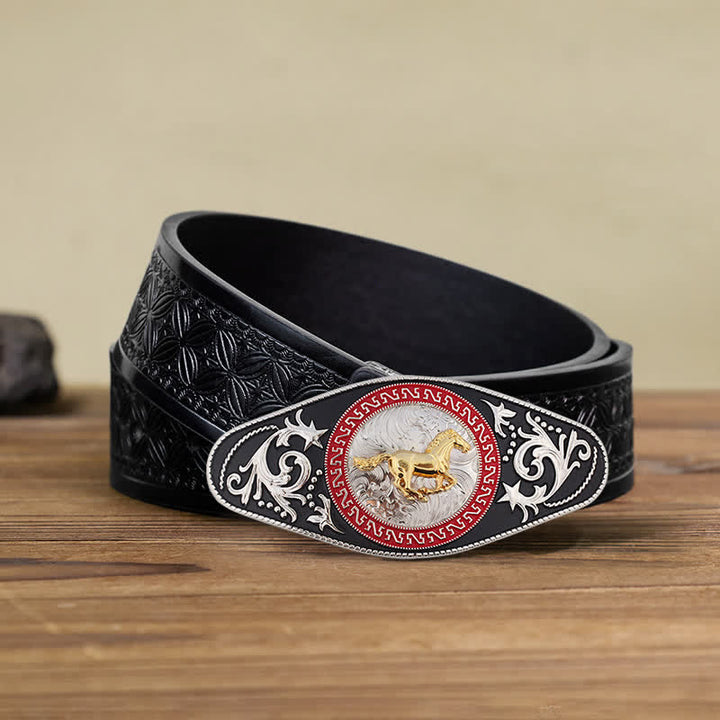 Cinturón de cuero con hebilla de animal en dorado y negro estilo western para hombre