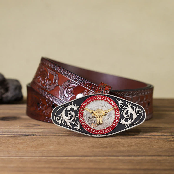 Cinturón de cuero con hebilla de animal en dorado y negro estilo western para hombre