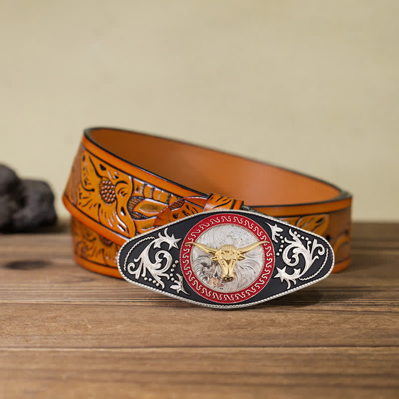 Cinturón de cuero con hebilla de animal en dorado y negro estilo western para hombre