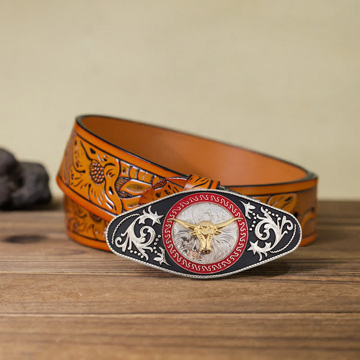 Cinturón de cuero con hebilla de animal en dorado y negro estilo western para hombre