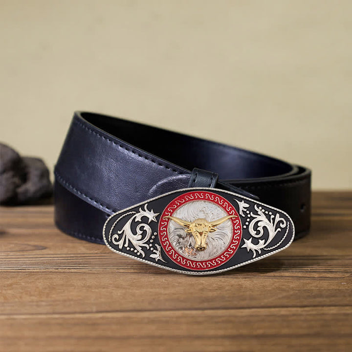 Cinturón de cuero con hebilla de animal en dorado y negro estilo western para hombre