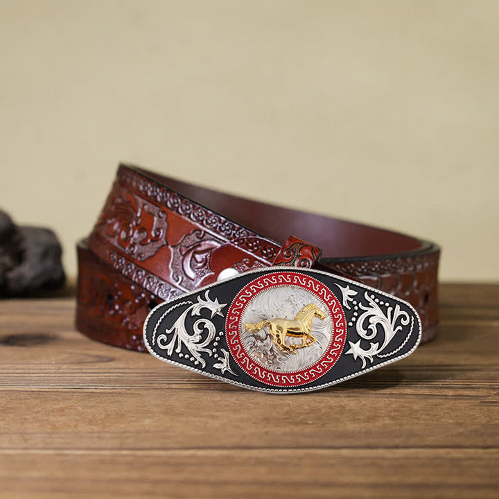 Cinturón de cuero con hebilla de animal en dorado y negro estilo western para hombre