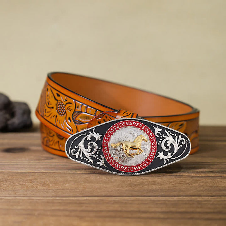 Cinturón de cuero con hebilla de animal en dorado y negro estilo western para hombre