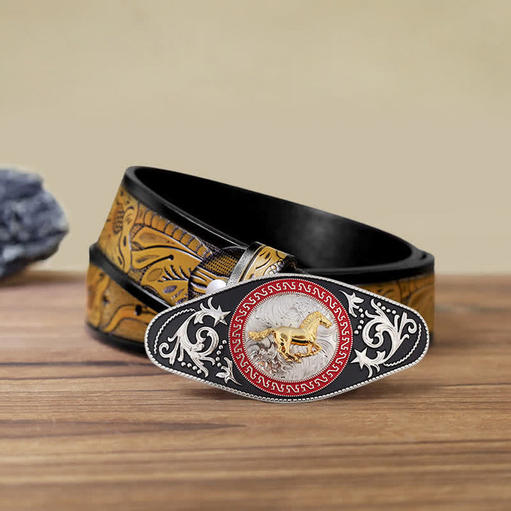Cinturón de cuero con hebilla de animal en dorado y negro estilo western para hombre