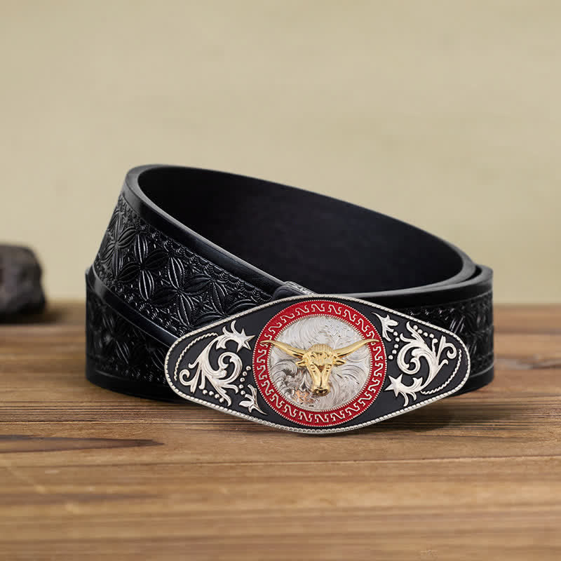 Cinturón de cuero con hebilla de animal en dorado y negro estilo western para hombre