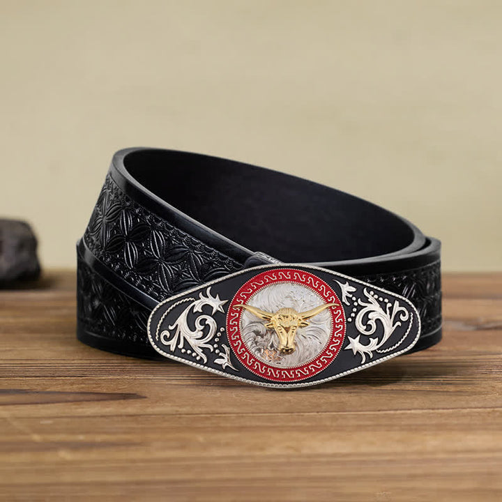 Cinturón de cuero con hebilla de animal en dorado y negro estilo western para hombre