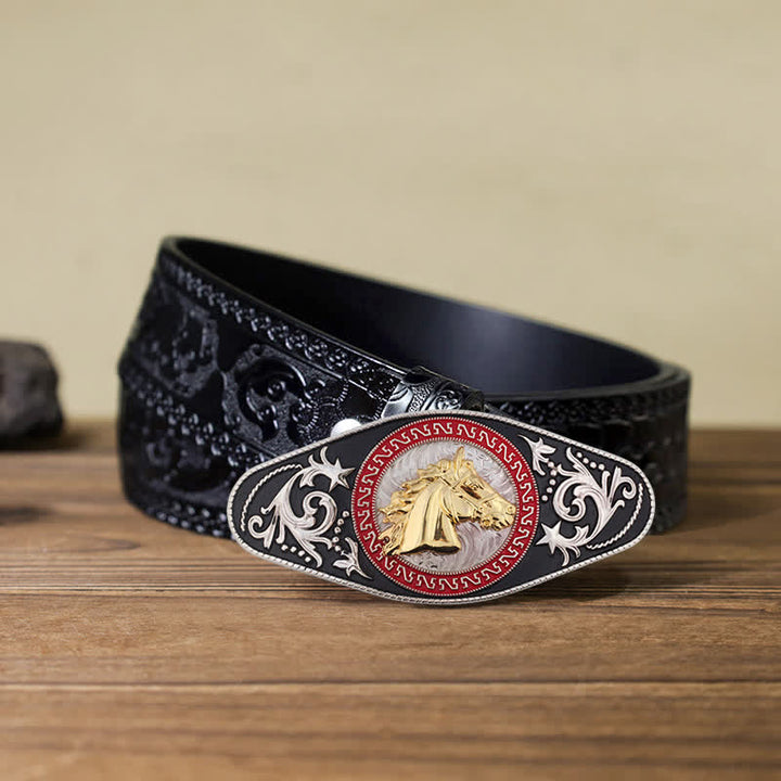 Cinturón de cuero con hebilla de animal en dorado y negro estilo western para hombre