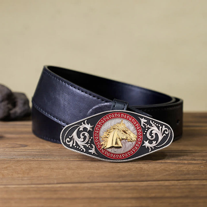 Cinturón de cuero con hebilla de animal en dorado y negro estilo western para hombre
