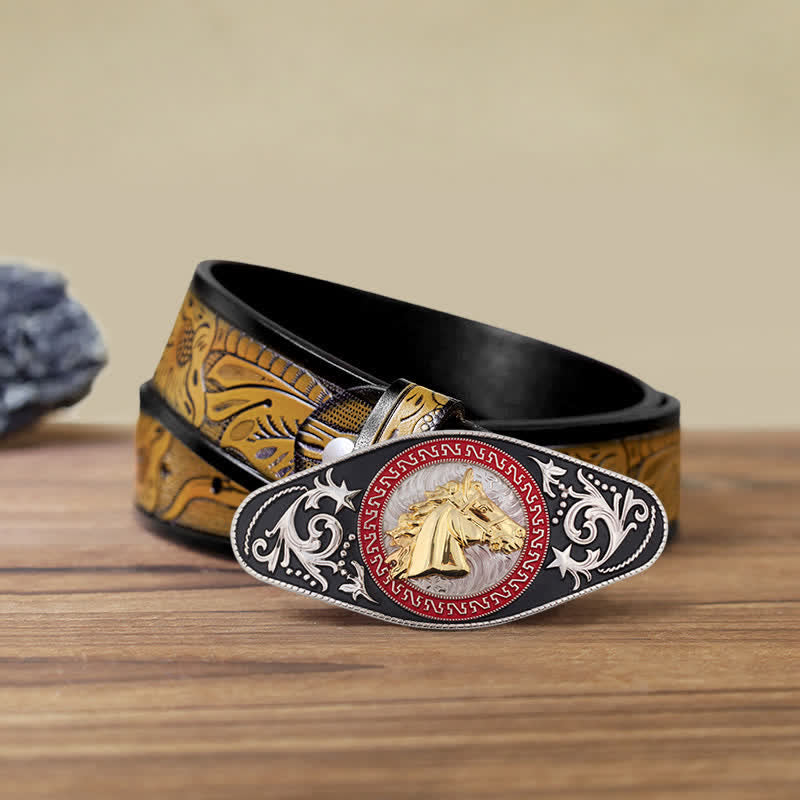 Cinturón de cuero con hebilla de animal en dorado y negro estilo western para hombre