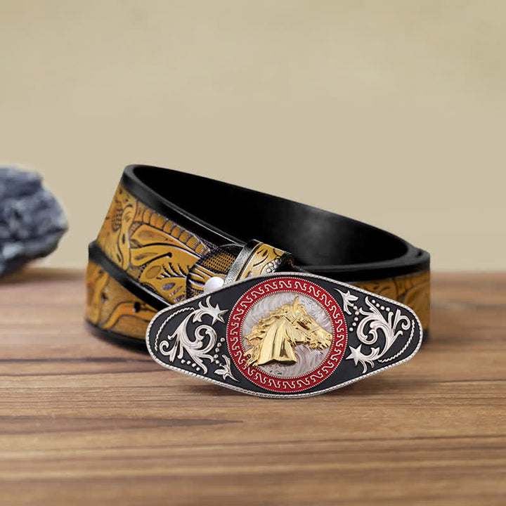 Cinturón de cuero con hebilla de animal en dorado y negro estilo western para hombre