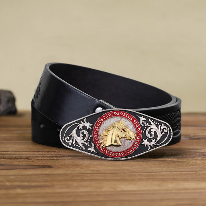 Cinturón de cuero con hebilla de animal en dorado y negro estilo western para hombre