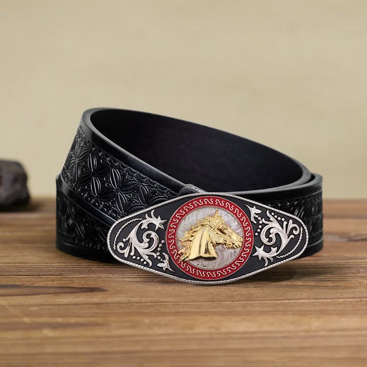 Cinturón de cuero con hebilla de animal en dorado y negro estilo western para hombre