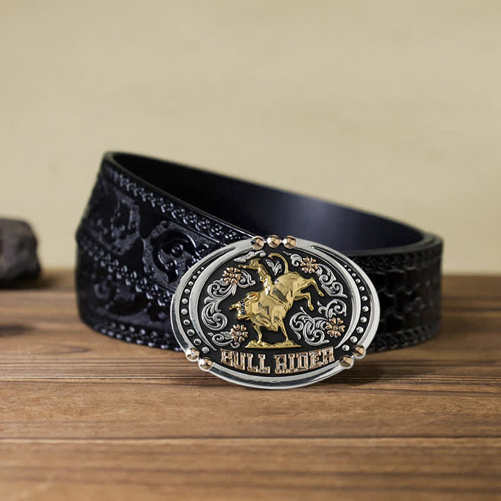 Cinturón de cuero con hebilla de dos tonos Bull Rider para hombre hecho a mano