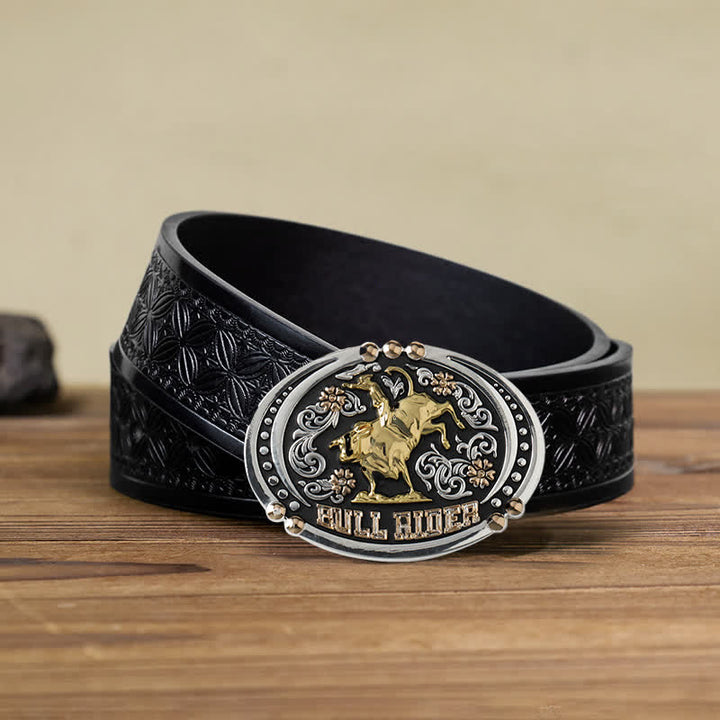 Cinturón de cuero con hebilla de dos tonos Bull Rider para hombre hecho a mano