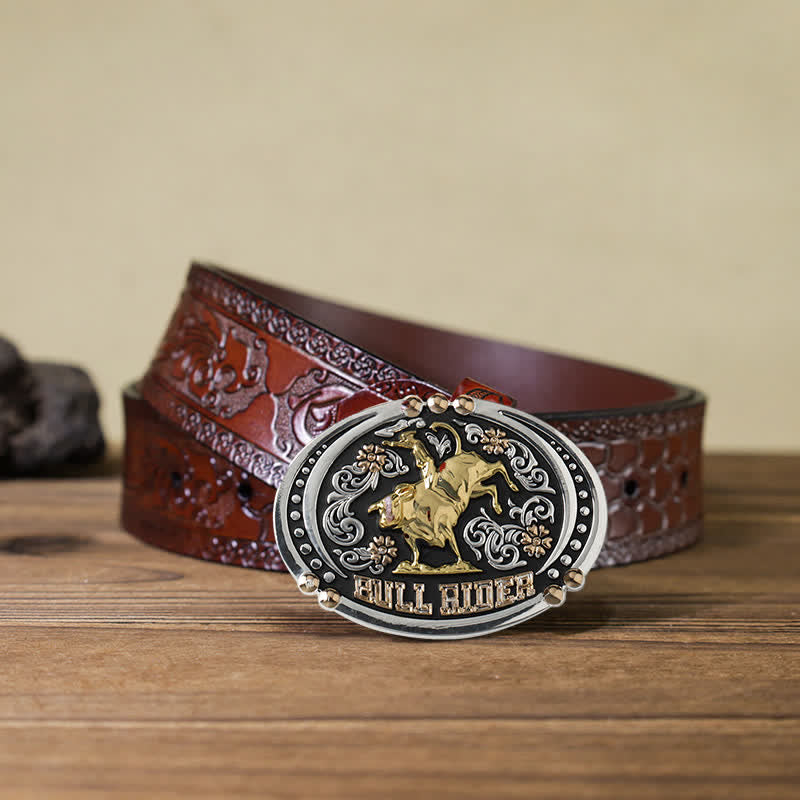 Cinturón de cuero con hebilla de dos tonos Bull Rider para hombre hecho a mano