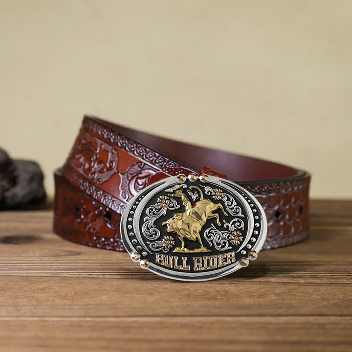 Cinturón de cuero con hebilla de dos tonos Bull Rider para hombre hecho a mano