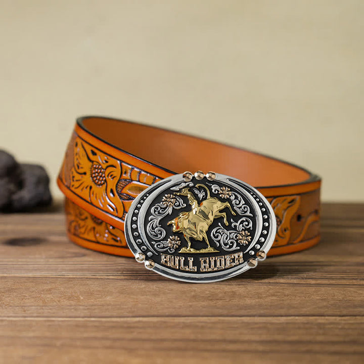 Cinturón de cuero con hebilla de dos tonos Bull Rider para hombre hecho a mano