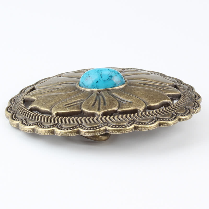 Cinturón de cuero con hebilla floral con incrustaciones de turquesa para hombre hecho a mano