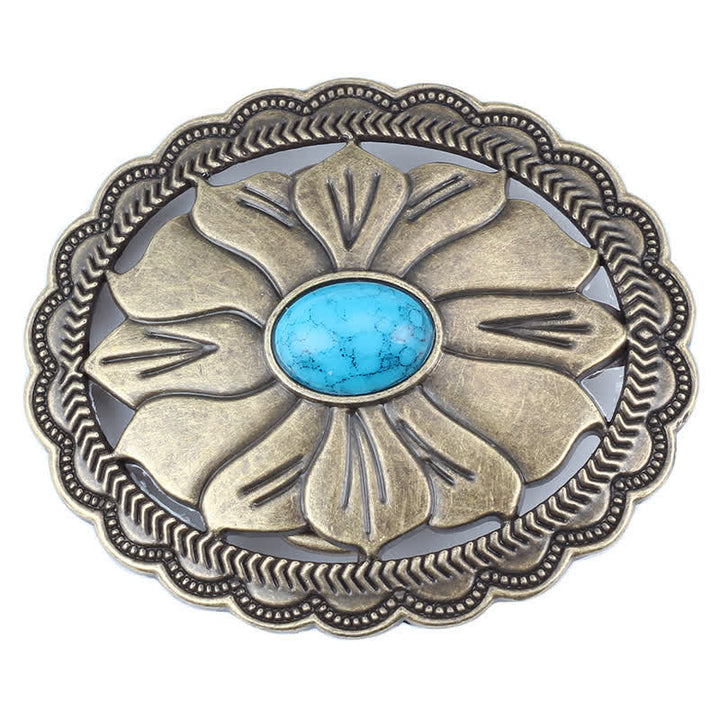 Cinturón de cuero con hebilla floral con incrustaciones de turquesa para hombre hecho a mano