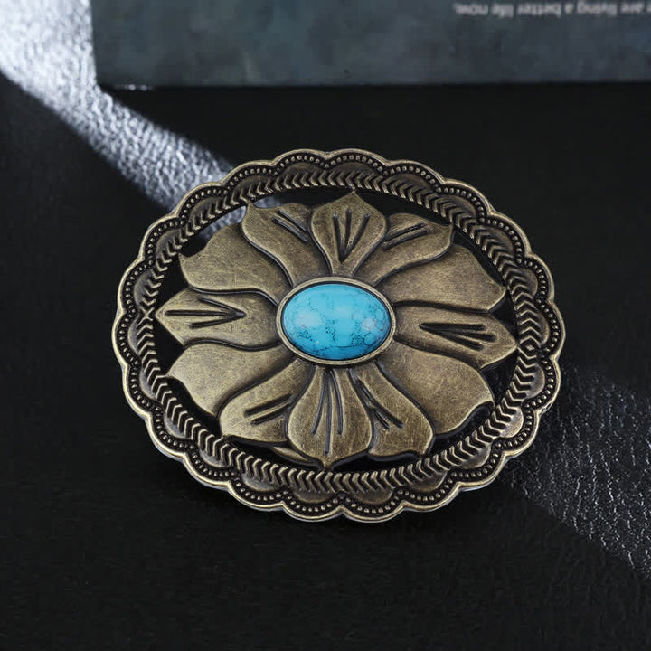 Cinturón de cuero con hebilla floral con incrustaciones de turquesa para hombre hecho a mano