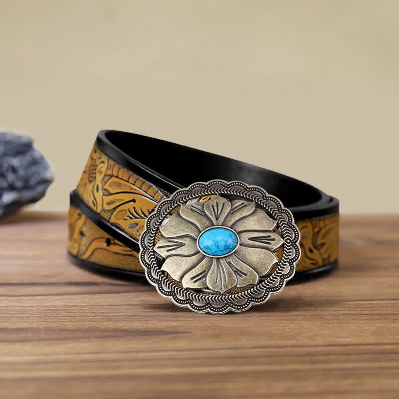 Cinturón de cuero con hebilla floral con incrustaciones de turquesa para hombre hecho a mano