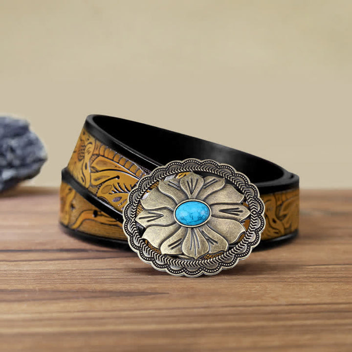 Cinturón de cuero con hebilla floral con incrustaciones de turquesa para hombre hecho a mano