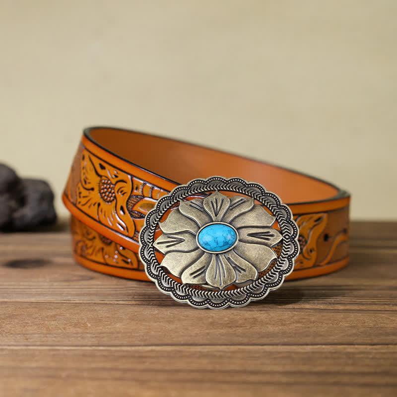 Cinturón de cuero con hebilla floral con incrustaciones de turquesa para hombre hecho a mano