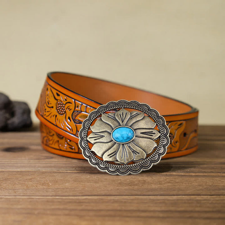 Cinturón de cuero con hebilla floral con incrustaciones de turquesa para hombre hecho a mano